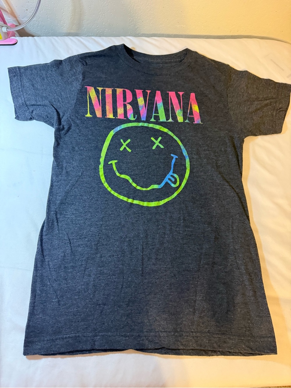 NIRVANA Charcoal Short Sleeve Tee with Neon Multicolor Logo